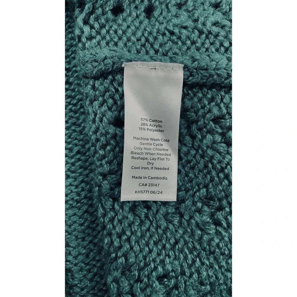Talbots Women’s L Green Open Knit Full Zip Cardigan Sweater Textured Mock Neck